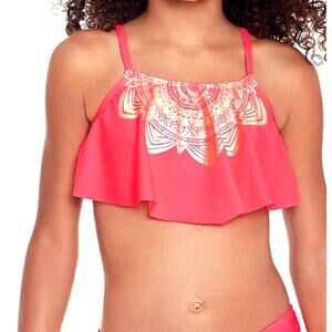 Glitter Beach Big Girls Flounce Bikini Top Foil Print, Coral Pink Size 14